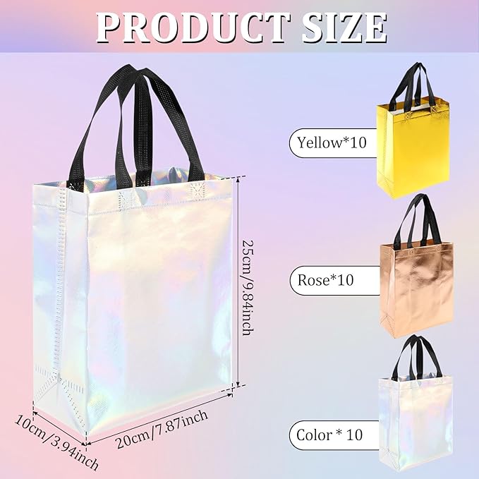 30pcs High-grade Gift Bags Medium with Handles-Mix Color(10xGolden Rose,Golden Yellow,Iridescent),Reusable Gift bags,Bulk Gift Bags with Handles,Party Favor bags,Ideal for Wedding,Birthday(8X4X10)