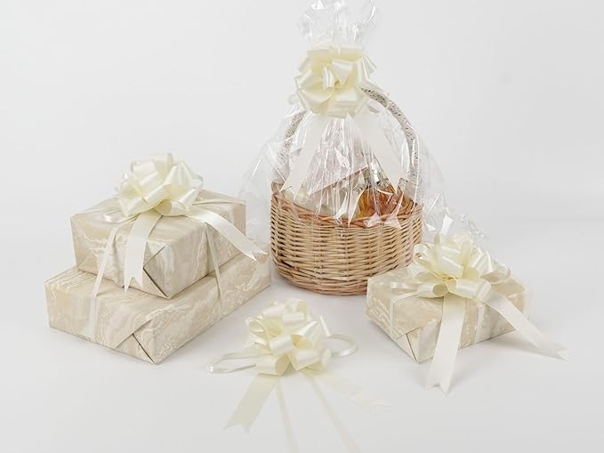 HUIHUANG Ivory Bows for Gift Wrapping 4"x 8" Ivory Satin Pull Bows 12 PCS Gift Bow for Presents, Gift Basket, Paper Bag, Wrapping Accessories, Birthday Wedding Party, Christmas Decor
