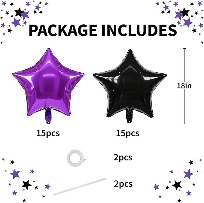 TONIFUL 30Pcs 18 Inch Large Purple Black Star Shape Foil Balloons Big Stars Helium Mylar Ballons for Halloween Birthday Wedding Baby Shower Anniversary Engagement Party Decorations Supplies