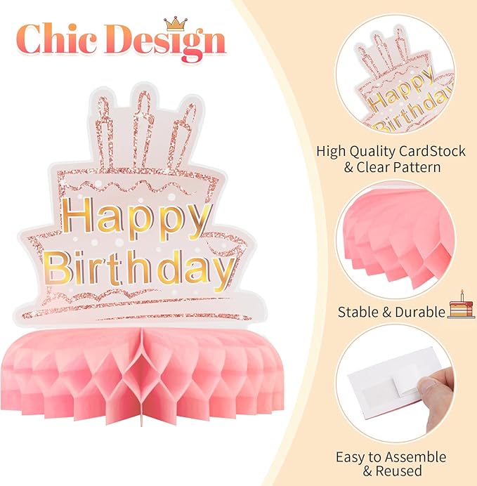 9PCS Birthday Table Decorations,Pink Rose Gold Honeycomb Center Pieces for Table Decorations,Happy Birthday Party Decor for Women Girl,Party Supplies for Birthday Baby Shower