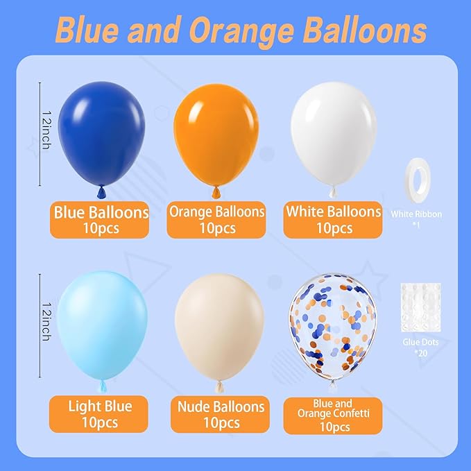 BAUANOOY Blue and Orange Balloons, 60pcs 12 Inch Orange Blue White Nude Latex Balloon with Confetti Balloons Ribbon for Baby Shower Graduation Blue Birthday Party Decorations