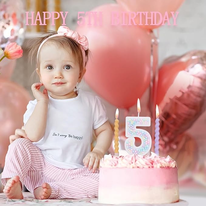 Number 5 Birthday Candles for Cake with 16 Pieces Spiral Candles with Macaron Pastel Rainbow Pink Cake Toppers for Girls Happy Birthday Party Decorations