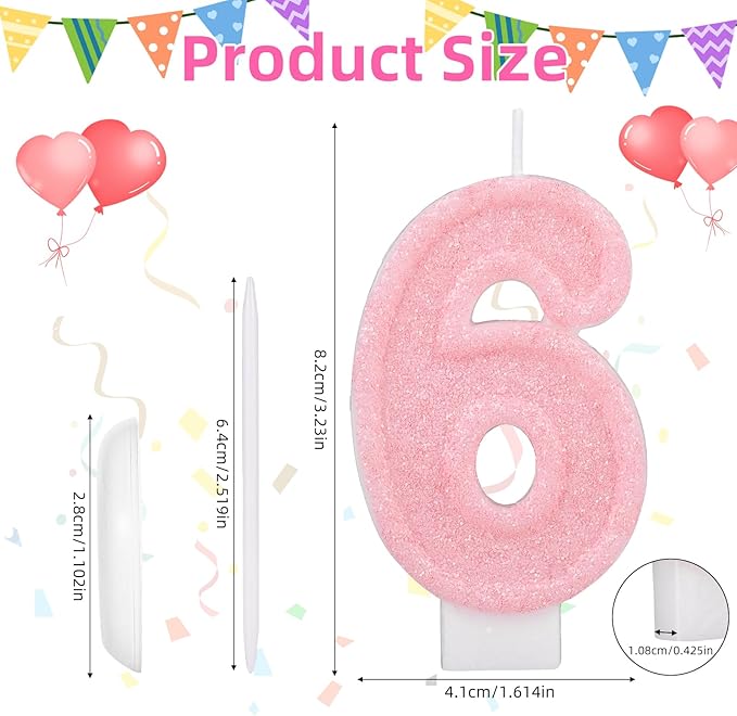 Pink Number Birthday Candles, Romantic Cake Glitter Pink Number Candles Anniversary Cake Topper Decoration Cute Birthday Party Supplies for Wedding Anniversary Celebration Supplies (6)