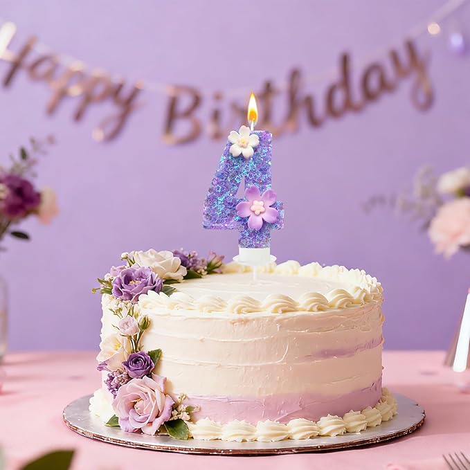 Purple Flower Birthday Candle,Number 4 Birthday Candles for Cake, Ideal Birthday Parties Cake Decor, Wedding Anniversary and Other Celebrations (Number 4, Purple)