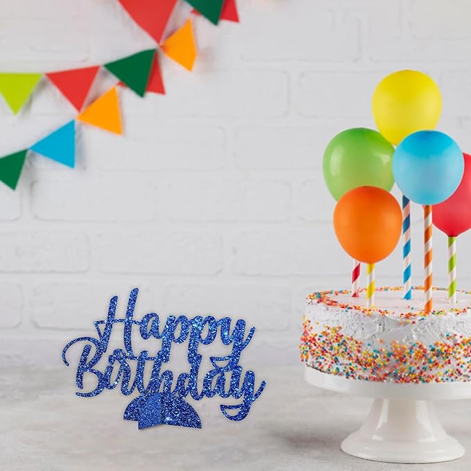 Happy Birthday Table Centerpiece, Dark Blue Glitter Birthday Party Paper Free Standing for Women Men, HBD Script Table Centerpiece for Bday Party Supplies