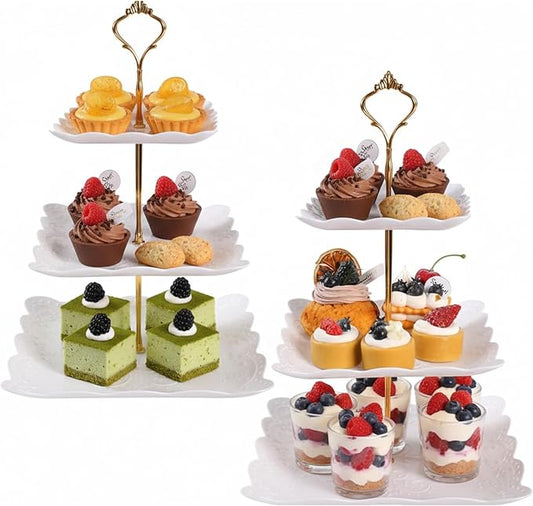 Barelove 3 Tier Plastic Cupcake Stand, Cake Display Tiered Serving Tray, 2 Pack Plastic Dessert Pastry Candy Platter Holder Tower for Wedding, Birthday, Tea Party, Baby Shower Decor (Square, White)