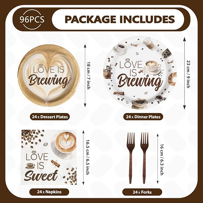 Grencian Love is Brewing Bridal Shower Decorations - 96Pcs Coffee Themed Bridal Shower Love is Brewing Plates and Napkins Disposable Tableware for Girls Wedding Engagement Party Decorations Serve 24