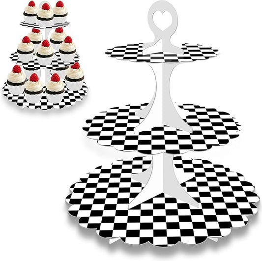 Racing Cupcake Stand 2-Pack - 3-Tier Black White Checkered Dessert Tower for Car Birthday Party, Race Theme Decorations, Baby Shower, Graduation Party, Easy 60s Assembly