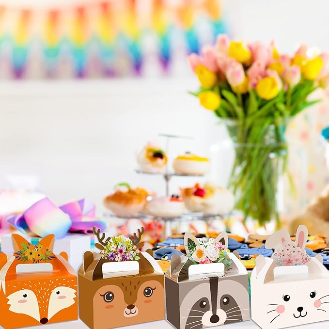 Tevxj 12 Pieces Woodland Party Favor Boxes Woodland Animals Creatures Theme Goodies Candy Treat Bags Forest Animal Valentine's Day Gift Box for Shower Birthday Party Decorations Supplies