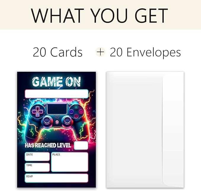 Gaming Themed Birthday Invitations – 20 Invitation Cards 4"x6" with Envelopes.(009)