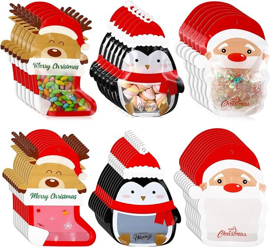 Resurhang 60 Pcs Christmas Treat Bags Candy Zipper Cute Reindeer Penguin Santa Claus Food Goodie Gifts Bags Resealable Christmas Snack Candy Containers with Handle for Xmas Party Supplies
