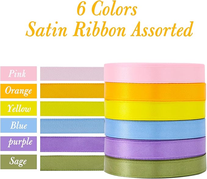 TONIFUL 6 Rolls Easter Satin Ribbon 3/8 Inch Assorted Solid Colors Pastel Ribbons for Gift Wrapping, Flower Bouquet, Hair Bows, Wreath Decor, Baby Showe Birthday Easter Party Decor (25 Yards/Roll)