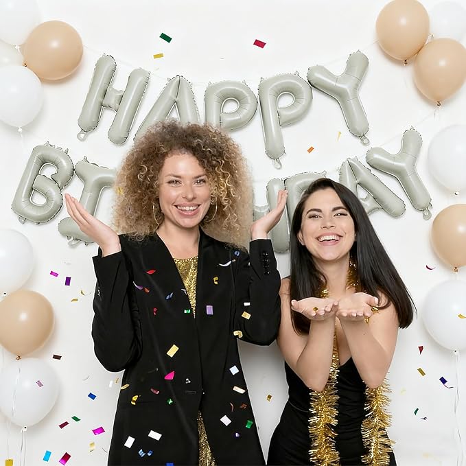 Beige Happy Birthday Balloon Banner 16 Inch - Foil Happy Birthday Letters Balloons Neutral Decor for Men Women Birthday Party Decorations, Reusable Birthday Sign Supplies