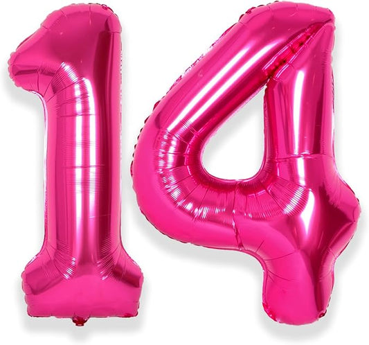 SUWEN 40 Inch Hot Pink Large 14 Number Balloons Big Foil Helium Number Balloons 0-9 Jumbo Happy 14th Mylar Birthday Party Decorations for Girl or Women 41 Anniversary Party Supplies