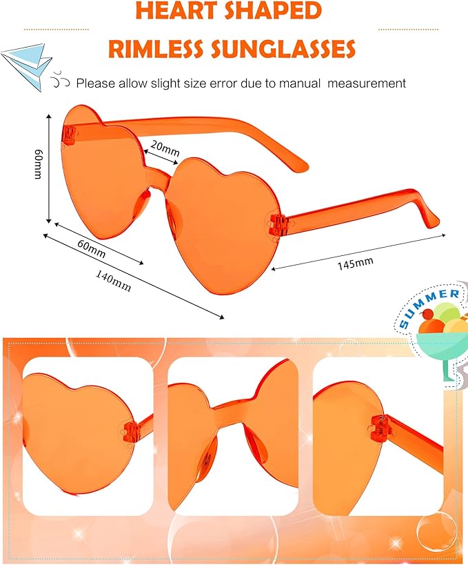 20 Pairs Heart Shaped Sunglasses Bulk, Colorful Rimless Fun Heart Sunglasses for Women Party Favors