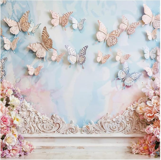 Kate 6.5x6.5ft Children Birthday Party Photo Background Dreamworld Butterfly Wall Pink Flowers Decoration Baby Shower Photography Backdrops