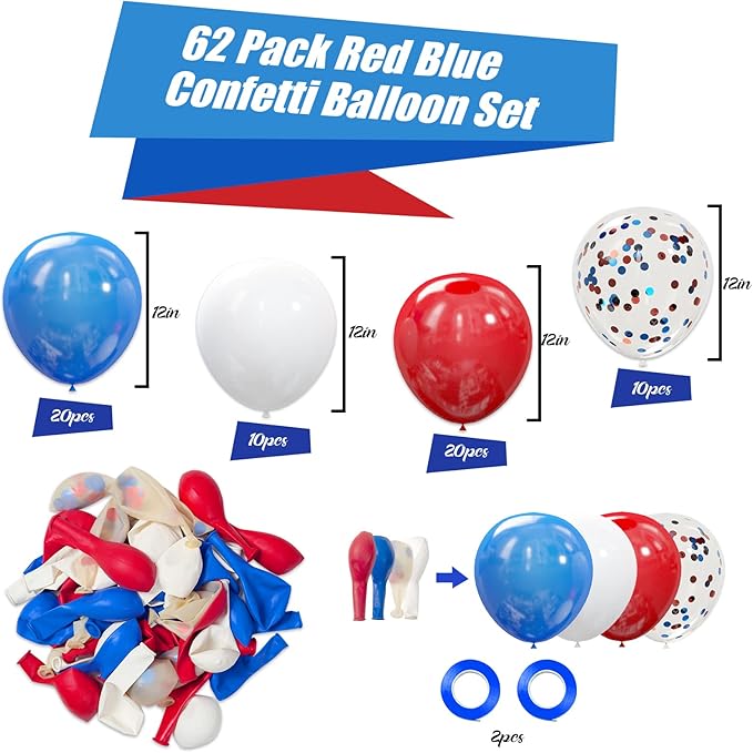 62Pcs Red White and Blue Balloons Kit - 12 Inches Red White Blue Confetti Party Balloons for 4th of July Independence Memorial Day Patriotic Party Decorations