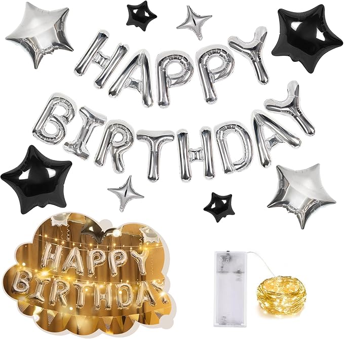 CANREVEL Happy Birthday Banner 13pcs 16 Inch Mylar Foil Letters Sign with 8pcs Star Balloons & LED Lights Birthday Party Decorations for Kids and Adults - 3D Silver