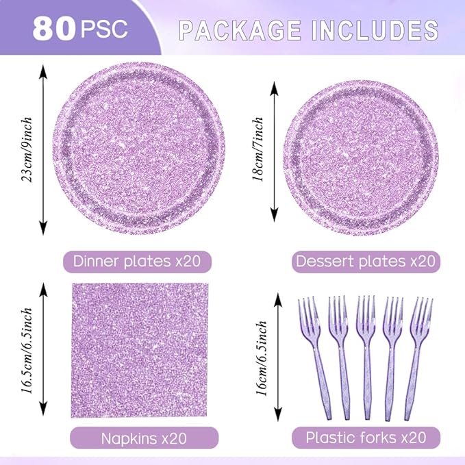 80Pcs Glitter Purple Paper Plates Set, Birthday Party Supplies Disposable Tableware Set Napkins and Forks, Birthday Decor for Girls, Kids Bachelorette & Graduation Parties, 20 Guests