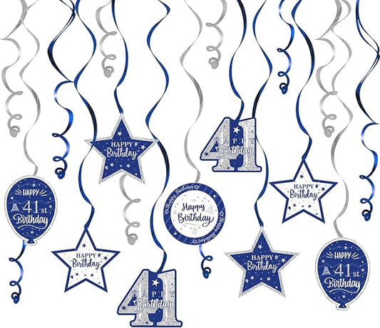 Happy 41st Birthday Blue & Silver Glitter Swirls Streamers Party Decorations - 15 Pcs 41st Birthday Hanging Swirls Streamers Kit,Perfect for 41st Bday Party Sign.