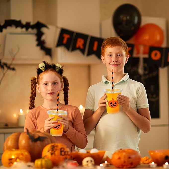Whaline 50 Pcs Halloween Disposable Plastic Cups with Lids and Straws Orange Spooky Pumpkin Face Cold Beverage Drinking Cups for Trick or Treat Birthday Party Supplies
