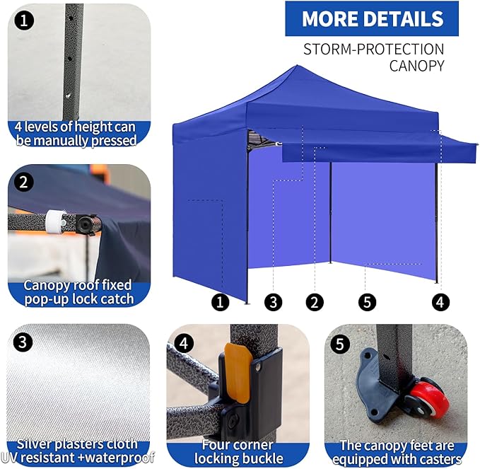 10x10 Pop up Canopy Tent with Awning Easy up Canopy with Wheel Bag Heavy Duty Waterproof Canopy Commercial Gazebo Tent for Outdoors Parties Vendors (Blue)