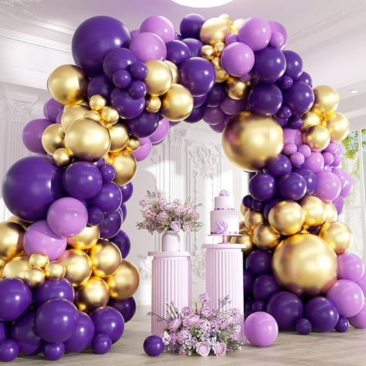 Purple and Gold Balloons Garland Arch Kit - 5 10 12 18 inch Different Size Purple Dark Purple Metallic Gold Balloons for Birthday Baby Shower Anniversary Adults Prom Luxury Party Decorations