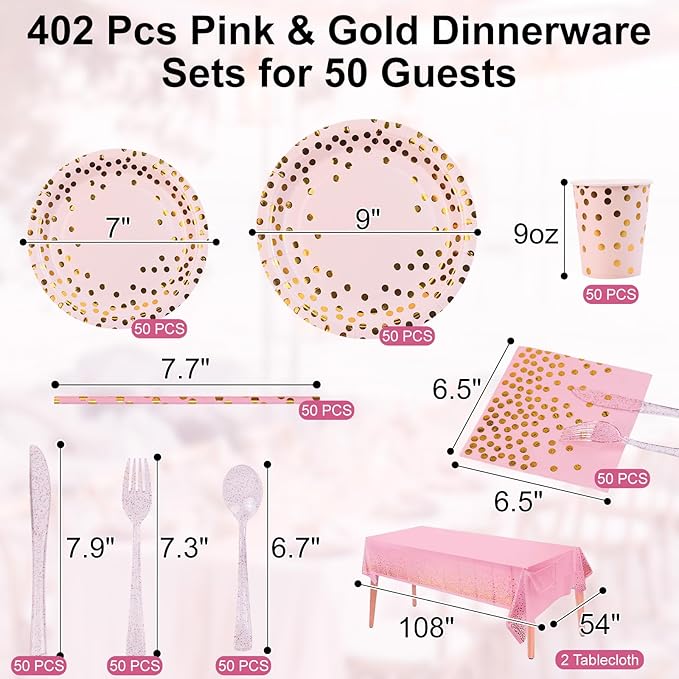 Party Supplies 402pcs Pink & Gold Plates and Napkins Sets - Disposable Dinnerware Sets for 50 Guests with Paper Plates Cups Straws Plastic Cutlery 2 Tablecloths - Bridal Shower Birthday Wedding