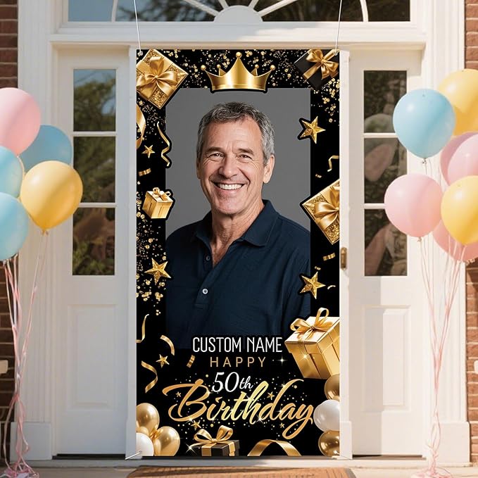 Dicodes Personalized Happy Birthday Door Banner Custom Photo Birthday Photography Background Decorations Party Supplies for Women Men (Black and Gold)