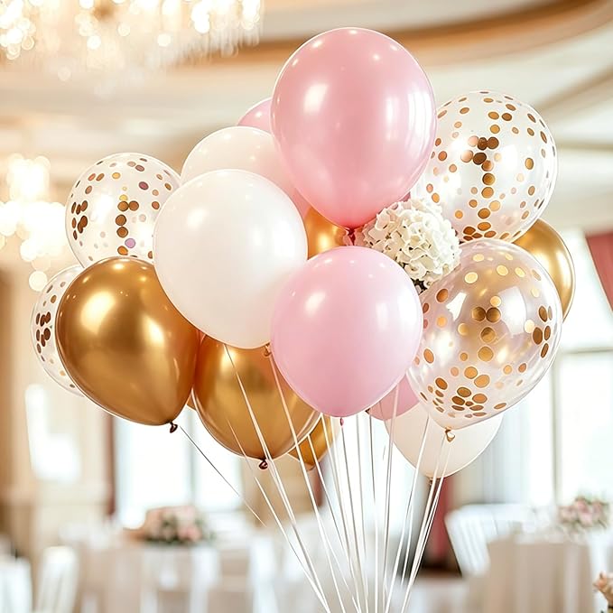 Pink and Gold Balloons White Metallic Gold Balloon, 60 Pcs 12 Inch Latex Confetti Metallic Balloons with 1 Ribbon, for Birthday Wedding Bridal Shower Party Decorations