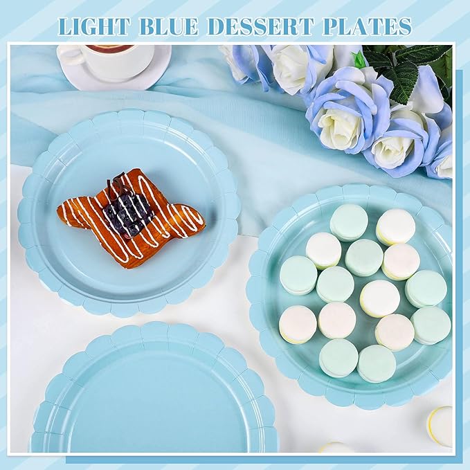 NatNarr 30 Pcs Light Blue Plates, 9 Inch Scalloped Graduation Plates Blue Dessert Party Plate Cute Paper Plate for kindergarten Graduation, Boy Baby Shower, Birthday