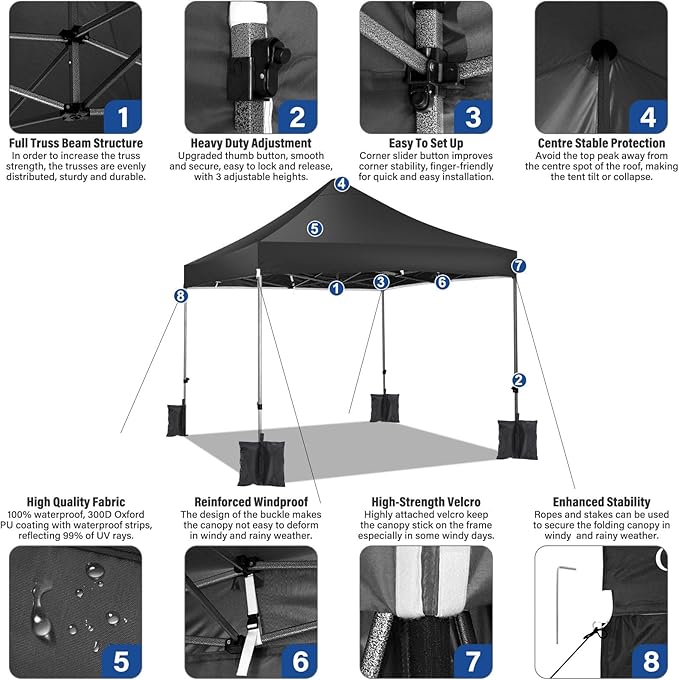 COBIZI 10x10 Heavy Duty Pop Up Canopy Tent with 4 Sidewalls Thicken Frame, Commercial Easy Up Outdoor Wedding Party Tents, All Season Waterproof Windproof with Stakes Sandbags Ropes Roller Bag, Black