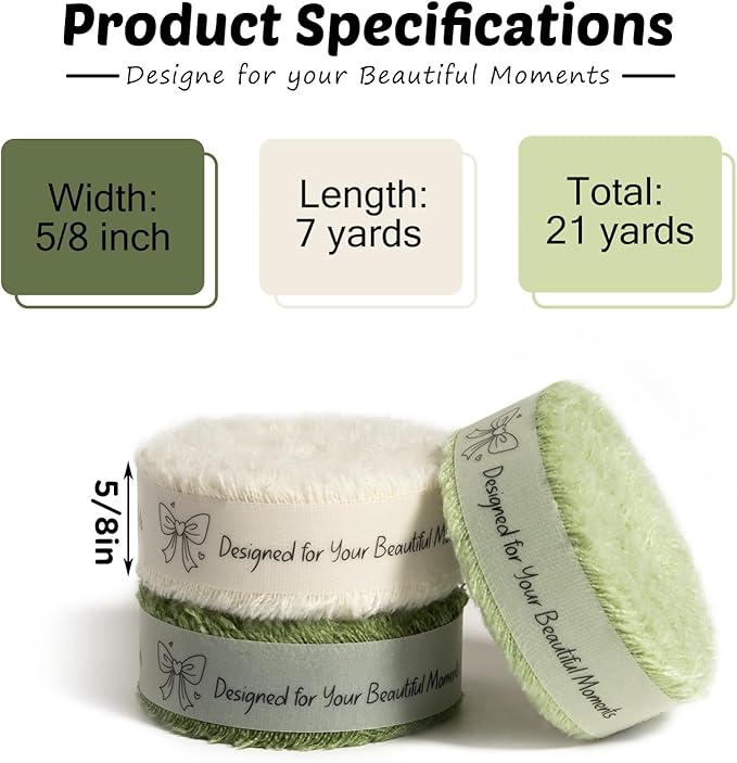 Green Cotton Ribbon 5/8 Inch Sage, Moss & Ivory 3 Rolls 21 Yards Frayed Edge Fabric Set for Boho Rustic Wedding Invitations, Bridal Bouquets, Gift Wrapping, DIY Crafts, Spring Home Decor