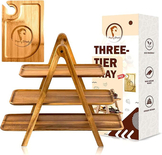 3 Tier Serving Tray, Solid Acacia Wood 3 Tiered Dessert Stand with Cocktail Platter, Rectangle Wooden Tiered Tray Stand, Party Serving Decorative Tray, Appetizer Serving Tray