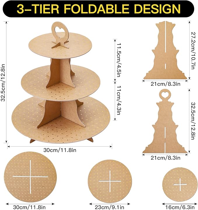 Soleebee 3-Tier Round Cupcake Stand, Cardboard Cupcake Tower, Dessert Cup Cake Stand Tower for Birthday Wedding Party Decoration, Cupcake Tier Stand 2 Set (Brown Golden Dot)