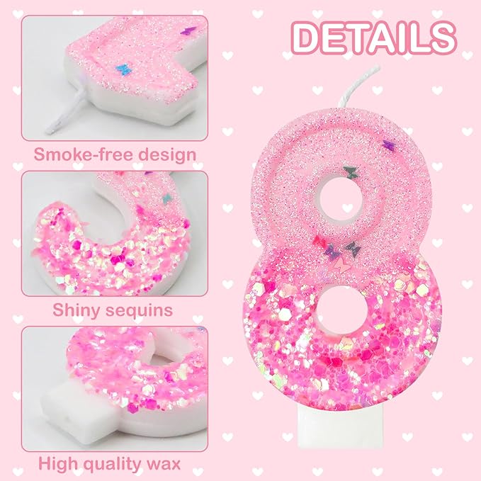 Pink Sequin Birthday Candles, Cake Number Candles, Girls 0th Birthday Decorations, Suitable for Birthday Parties, Anniversary Party Decorations(8)