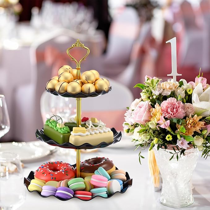 Patelai 8 Packs 3 Tier Cupcake Stand Holder Plastic Cake Serving Display Stand Tower Donuts Cookie Dessert Tray Holder Wave Shape with Gold Rod for Wedding Birthday Baby Shower Tea Party(Black)