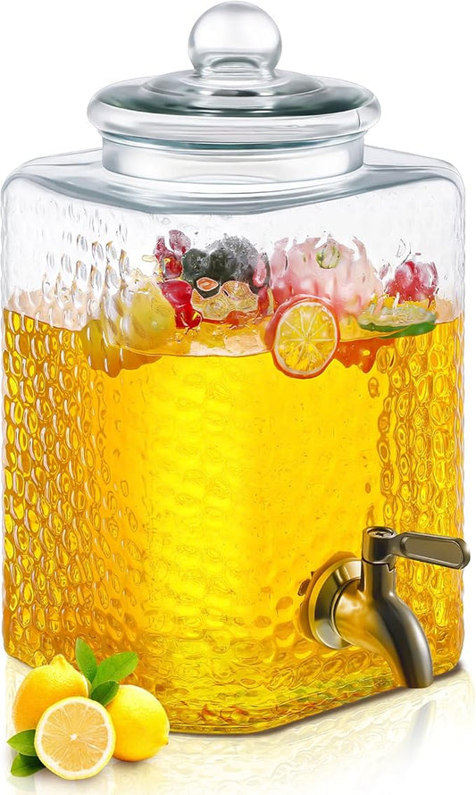 1 Pack 2.5 Gallon Glass Water Drink Dispenser for Party, Hammered Glass Beverage Dispenser, Water Jug Container with Stainless Steel Spigot for Parties, Weddings, Catering, Lemonade, Iced Tea