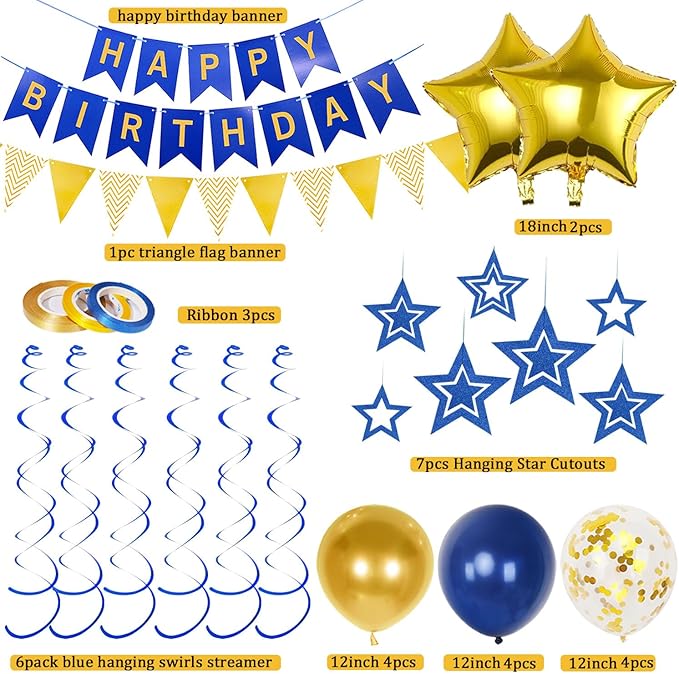 Navy Blue Gold Birthday Decorations, Happy Birthday Banner and Gold Star Balloons, Glitter Hanging Stars with Hanging Swirls, Bunting Banner, for Women Men Boys Party Decoration
