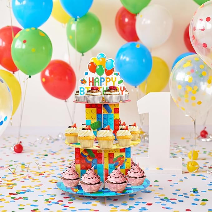 Building Block Cupcake Stand 3 Tier Birthday Party Supplies for Kids Adults Colorful Blocks Construction Cupcake Holder Brick Cake Stand Cardboard Dessert Tower Topper Cake Decorations