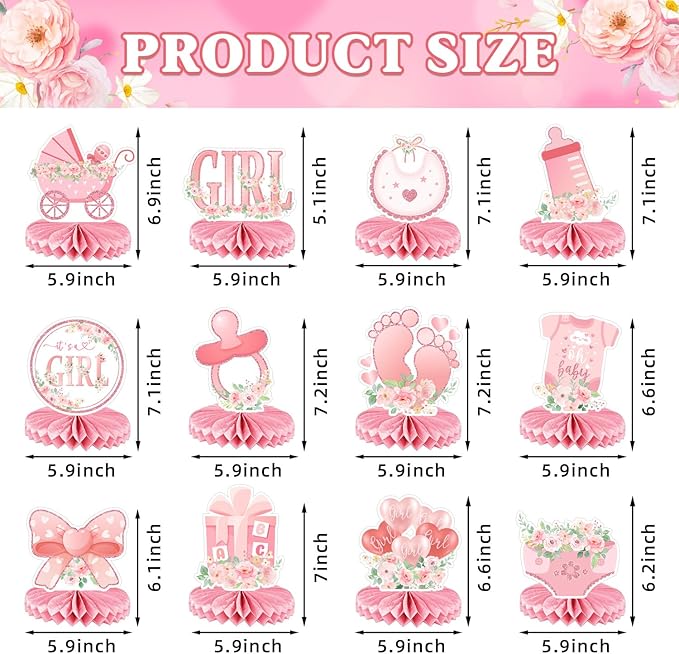 It's a Girl Baby Shower Decorations - 12 Pcs Pink Honeycomb Centerpieces for Tables, Pink Floral Baby Shower Table Decorations for Girl, Gender Reveal Party Supplies, Baby Shower Toppers