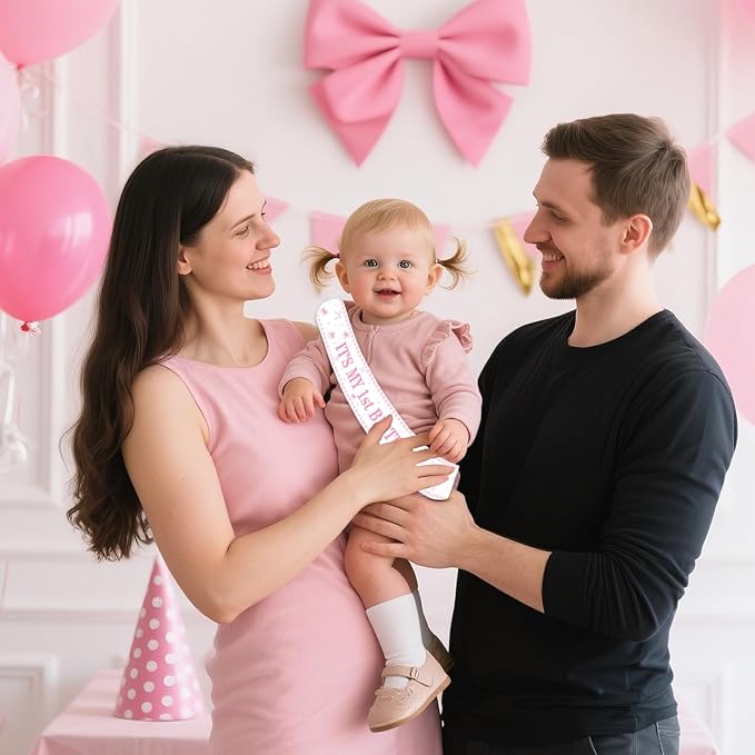 Pink Bow 1st Birthday Party Decoration It's My 1st Birthday Sash for Girl Happy 1 Year Old Birthday Sashes for Baby Girls Daughters Happy 1 Bday Party Favor Supplies Photo Props