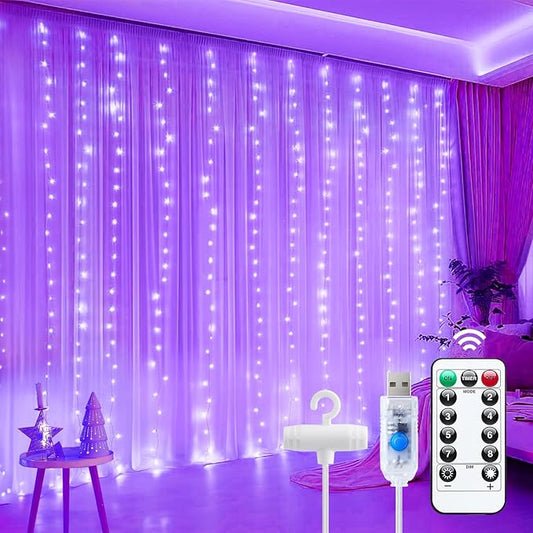 Minetom Halloween Purple Curtain Lights, 300 LED Dimmable Fairy Lights with Remote and Timer, 8 Modes, USB Powered String Lights for Room Wall Party Xmas Indoor Decor