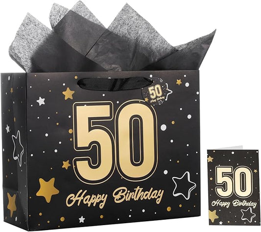 Powbrace 13" Black 50th Birthday Gift Bag with Tissue Paper and Greeting Card for Party,Happy Birthday Gift Bag for Men Women,Gift Bags Medium size(1 Black 50th)