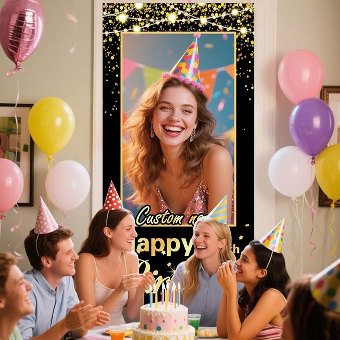 Personalized Happy Birthday Door Banner with Photo Custom Name Birthday Decorations Party Supplies for Women Men (Black and Gold)