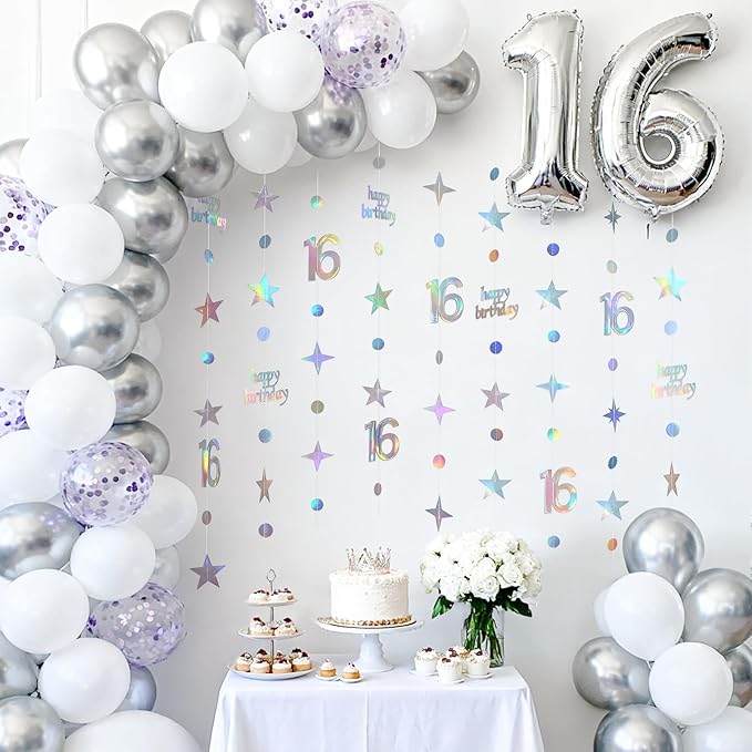 GCQQ 16 Birthday Decorations - 4 Packs Iridescent Holographic Sweet 16 Year Old Star & Circle Hanging Garlands 46FT Happy 16th Birthday Banner Streamers for Girls, Boy, Backdrop & Teen Party Décor