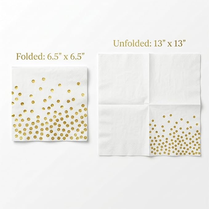 80 Pcs White Paper Napkins with Gold Foil Polka Dots, Disposable Cocktail Napkins for Party, Baby Shower, Wedding & Birthday, Bulk Beverage and Dinner Napkins