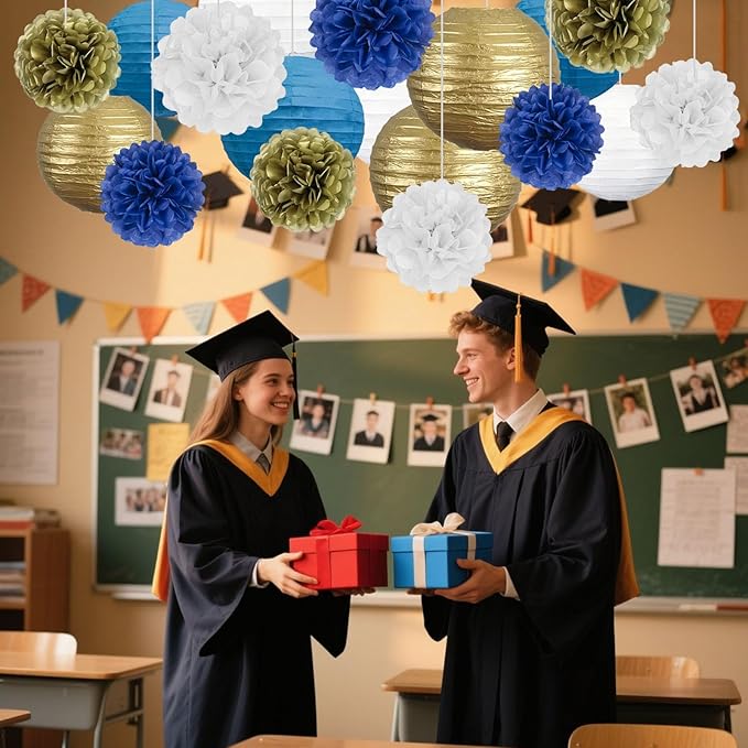 18 PCS Blue White Gold Paper Lanterns & Tissue Paper Pom Poms for Men's Birthday, Graduation 2026, Wedding, Hanging Paper Party Decoration Set for Indoor Outdoor Events Theme Party Supplies