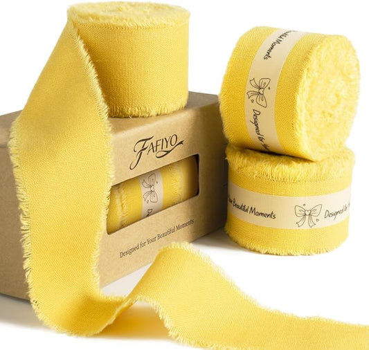 Yellow Cotton Ribbon 1-1/2 Inch Mustard Yellow 3 Rolls 21 Yards Frayed Edge Fabric Set for Wedding Decor, Bridal Bouquet Wrap, Baby Shower, Gift Wrapping & Fall Decor