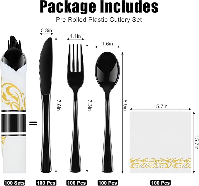 100 Pack Black Plastic Silverware, Pre Wrapped Cutlery Set with Gold Sun Pattern Napkin, Rolled Disposable Utensils Heavy Duty for Wedding, Party, Event Supplies